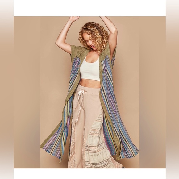 Pol brown Striped Multicolor Long Kimono - Picture 4 of 12